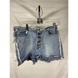 Plugg Denim Shorts Button Fly Frayed Hem Distressed Blue Size 7